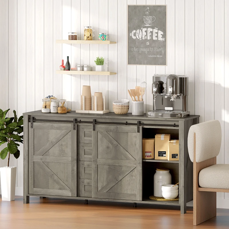 HOMCOM 60" Buffet Cabinet, Farmhouse Sideboard with Sliding Barn Doors, Drawers and Adjustable Shelves, Distressed Light Grey