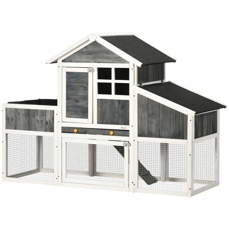 PawHut 63" Wooden Chicken Coop with Garden Bed, Small Outdoor Hen House with Nesting Box Removable Tray, Ramps Run, for Garden Backyard, Storm Gray