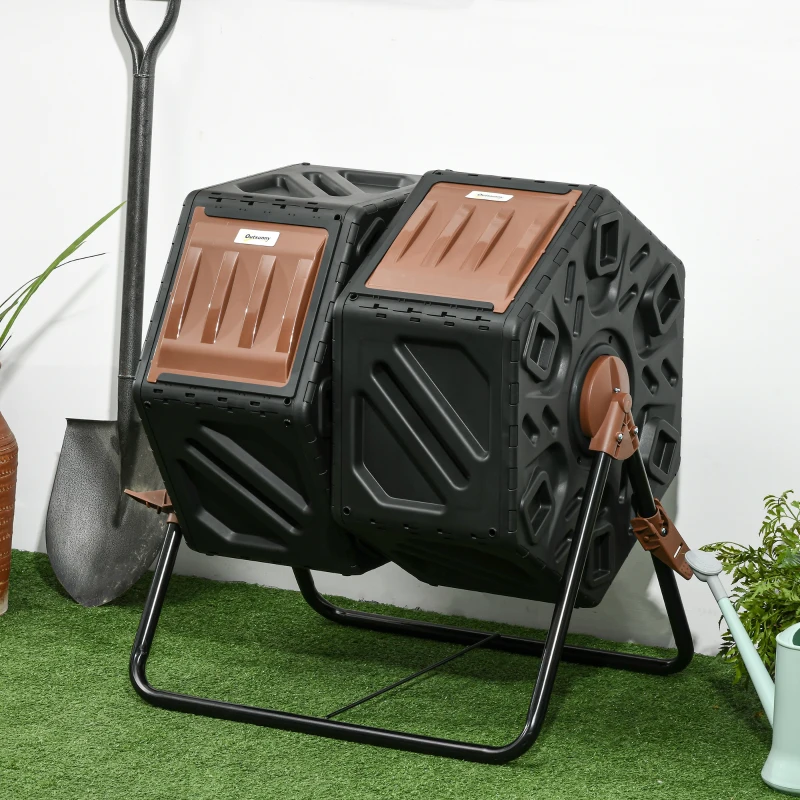 Outsunny Rotating Composter, Dual Chamber Compost Bin with 24 Vents and Steel Legs, 34.5 Gallon, Brown