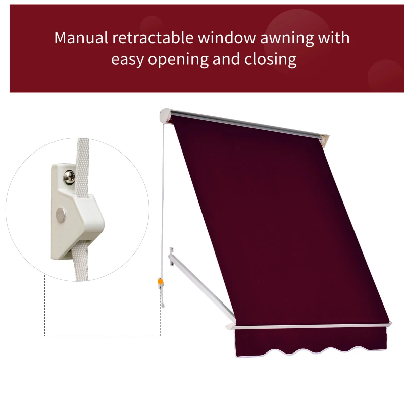 Outsunny 6' Drop Arm Manual Retractable Window Awning Sun Shade Shelter for Patio Balcony Outdoor, Aluminum, Can Cover 2 Windows, Wine Red