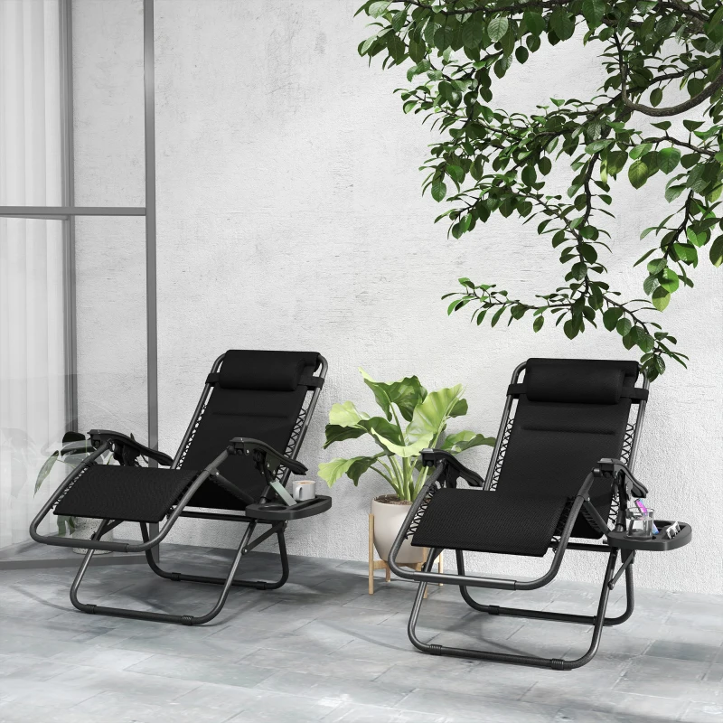 Outsunny Zero Gravity Lounge Chair Set, 2 Pieces Reclining Folding Outdoor Lounge Chairs with Headrest Side Tray, Black