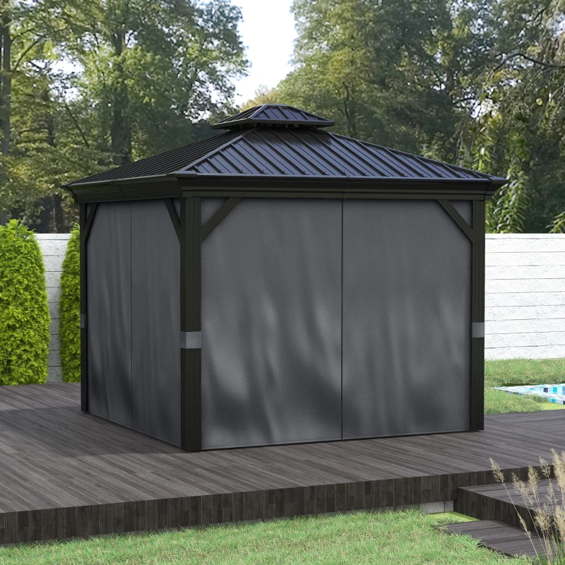Outsunny 10' x 12' Hardtop Gazebo Permanent Pavilion w/ Double Roof Aluminum Frame Sidewalls for Patio Garden Deck, Dark Gray