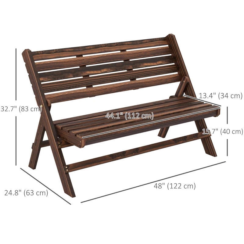 Outsunny 2-Seater Wooden Outdoor Bench, Foldable Garden Bench with Slatted Backrest and Seat, Patio Loveseat, Carbonised Finish