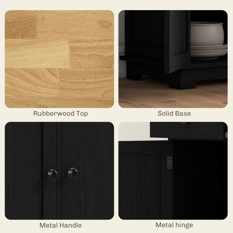 HOMCOM Kitchen Storage Cabinet, Sideboard Floor Cupboard with Solid Wood Top, Adjustable Shelf, and 3 Drawers, Black Wood Grain