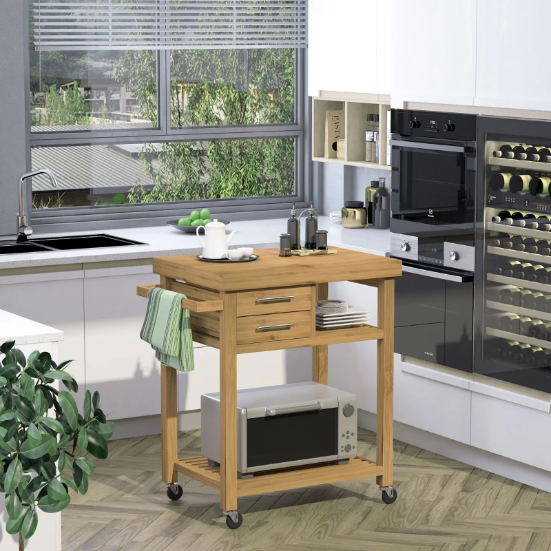HOMCOM Bamboo Kitchen Island Cart on Wheels, Utility Trolley Cart with 2 Storage Drawers and Open Shelves, Bamboo Tone