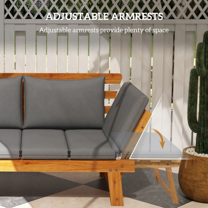 Outsunny Wooden Garden Bench for Outdoor, Front Porch Bench, Patio Loveseat with Cushions, Adjustable Armrests, Gray