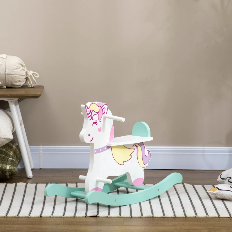 Qaba Wooden Rocking Horse Toddler Rocker Ride On Unicorn for 1-3 Years Old Baby Toy Girl and Boy Gift