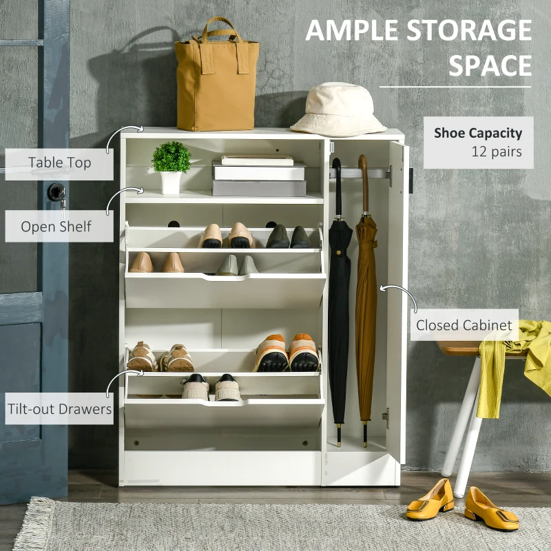HOMCOM Modern Shoe Cabinet, 12 Pairs Shoe Storage Cabinet with 2 Flip Drawers, Adjustable Shelves, Open Shelf and Compartment for Umbrella, Hallway Entryway, White