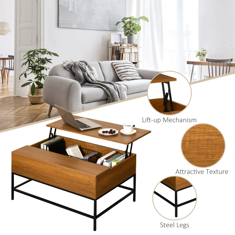 HOMCOM Lift Top Coffee Table with Hidden Storage Compartment Lift Tabletop Center Table for Living Room, Teak