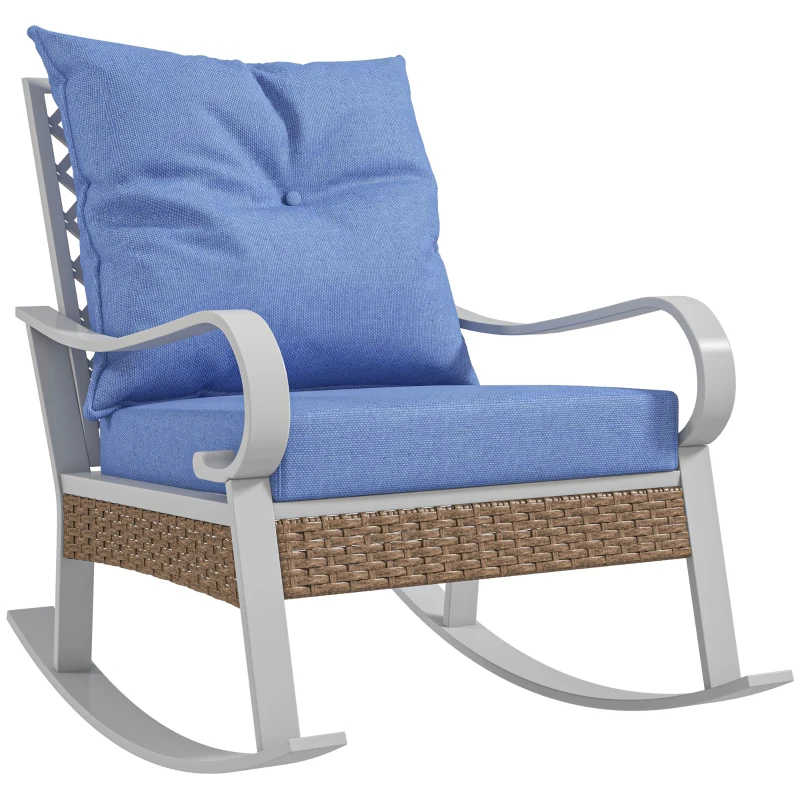 Outsunny Outdoor Rocker, Porch Rocking Chair with Soft Cushion, Rattan Decoration for Garden, Patio, Balcony, Lawn, Light Blue