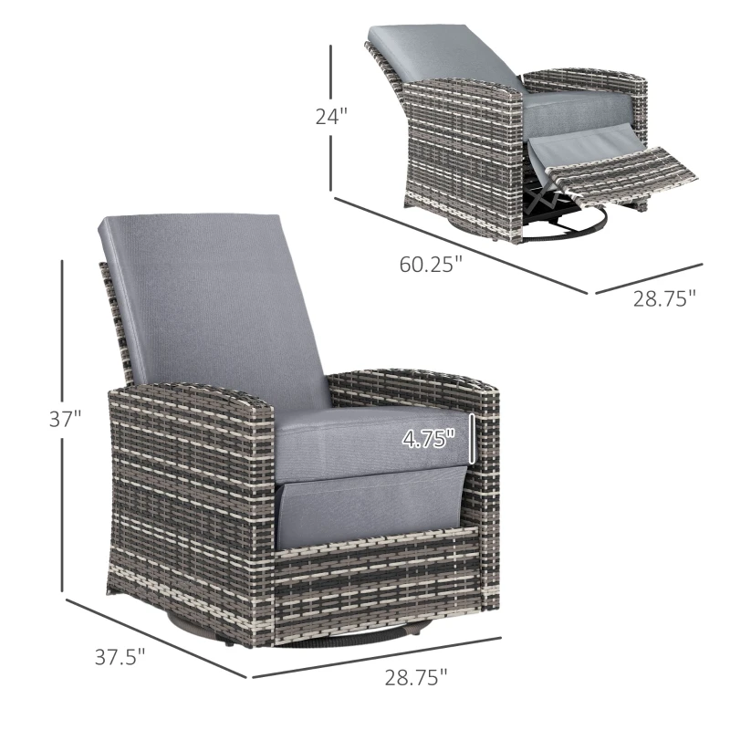 Outsunny Outdoor Wicker Swivel Recliner Chair, Reclining Backrest, Lifting Footrest, 360° Rotating Basic, Water Resistant Cushions for Patio, Gray