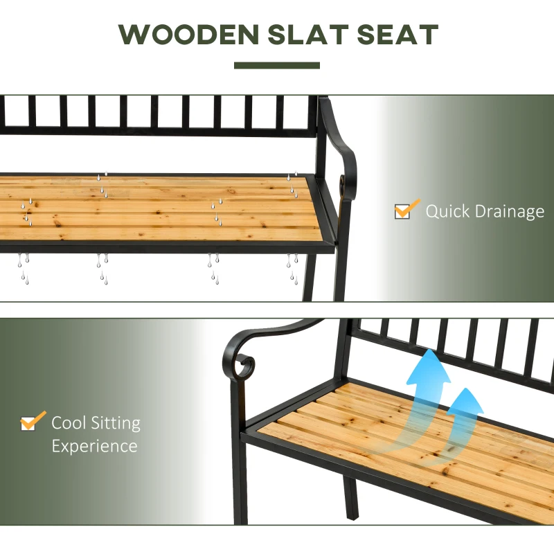 Outsunny 50" Garden Bench, Patio Loveseat with Antique Backrest, Wood Seat and Steel Frame for Backyard or Porch