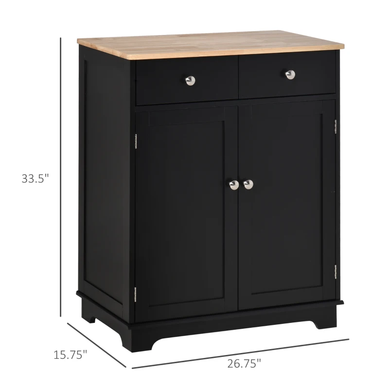 HOMCOM Kitchen Storage Cabinet, Sideboard Floor Cupboard with Solid Wood Top, Adjustable Shelf, and 2 Drawers, Black