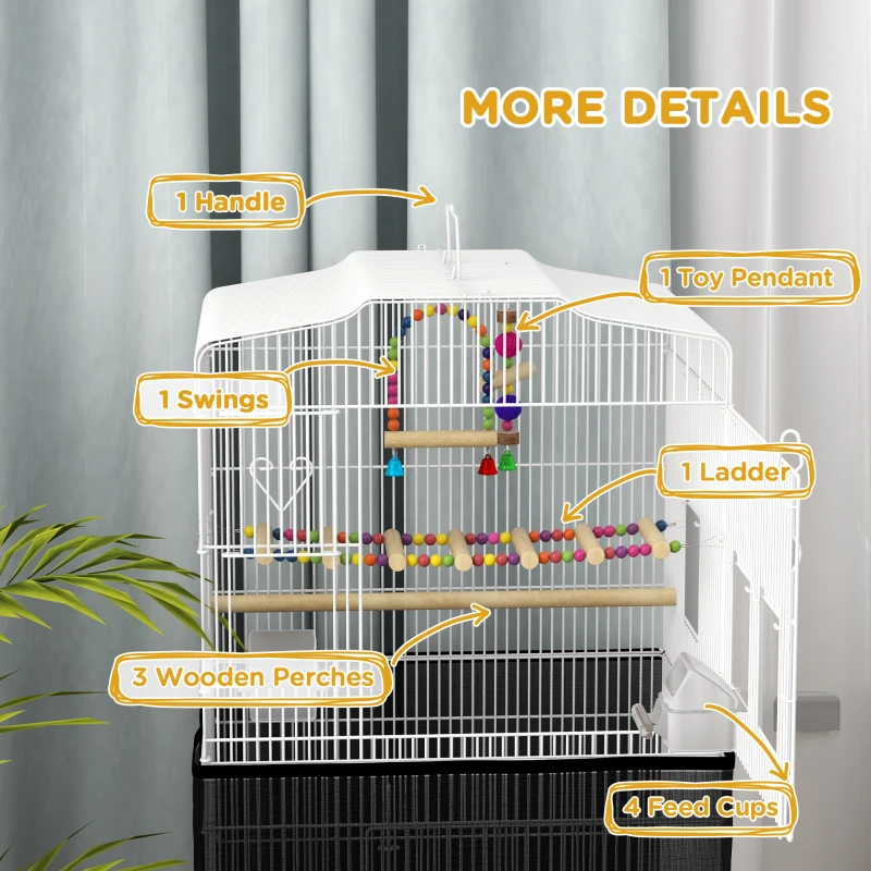 PawHut 36" Bird Cage with Accessories, Handle, Mesh Cover, Tray, White