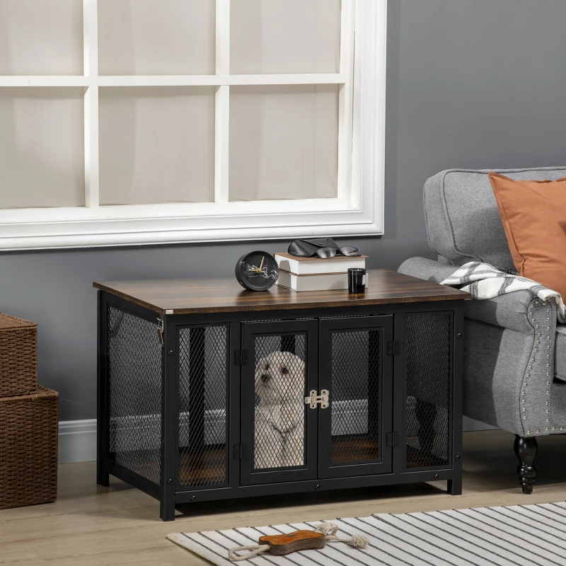 PawHut Furniture Style Dog Crate with Openable Top, Big Dog Crate End Table, Puppy Crate for Small Dogs Indoor, Spacious Interior, Pet Kennel, Brown, Black