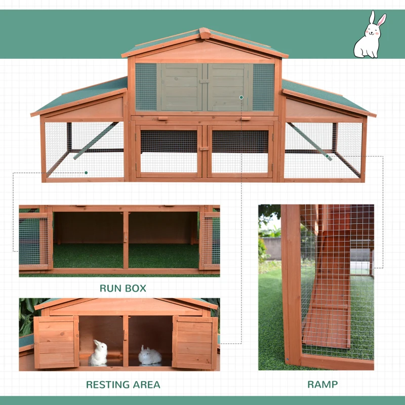 PawHut 89"L Outdoor Rabbit Hutch, Guinea Pig Cage Indoor Outdoor Wooden Bunny Hutch with Double Runs, Weatherproof Roof, Removable Tray, Ramps, Orange