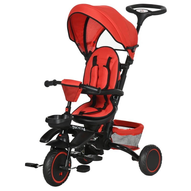 Aosom 6-in-1 Toddler Tricycle for 12-50 Months, Foldable Kids Trike with Adjustable Seat and Push Handle, Safety Harness, Removable Canopy, Footrest, Red