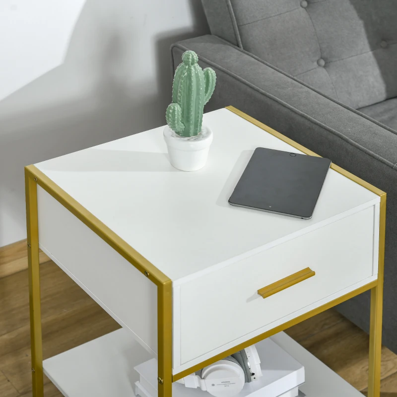 HOMCOM Nightstand Set of 2, Modern Bedside Table with Drawer and Shelf, Bedside Cabinets for Bedroom, White