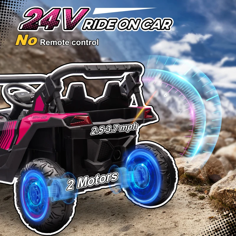 Qaba 24V 7AH Ride on Car, 2 Seater 4 MPH Ride on UTV with 4 Shock Absorbers, Music Horn LED Lights, for 3-8 Years, Pink