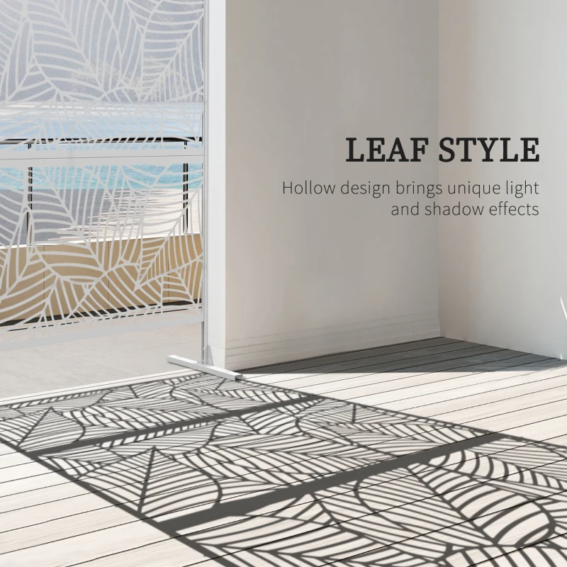 Outsunny 6.5FT Decorative Outdoor Divider, Metal Privacy Screen with Stand, Large Leaf Style, White