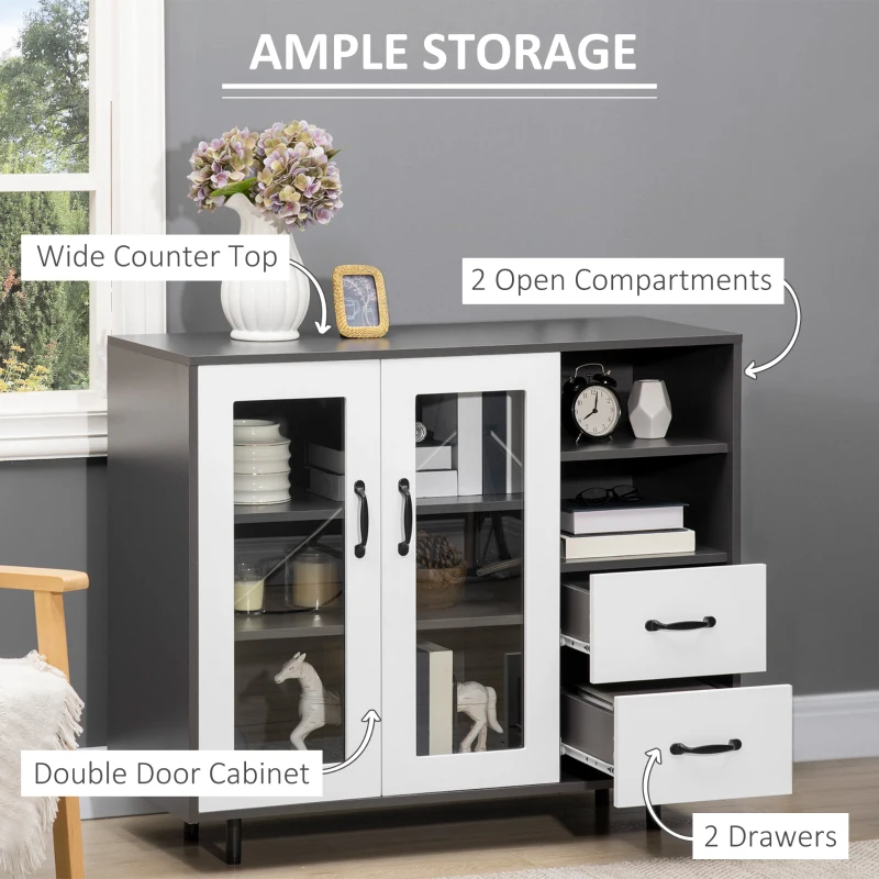 HOMCOM Kitchen Buffet Cabinet, Storage Sideboard with Glass Doors Cupboard, 2 Drawers and 2 Open Shelves, Charcoal Grey