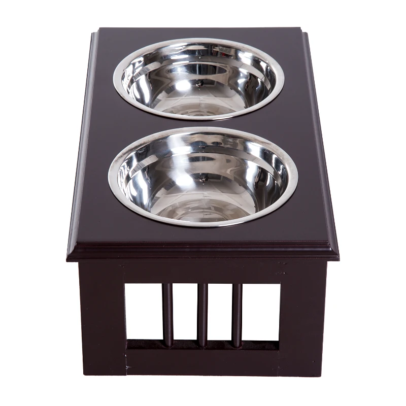 PawHut 6" Height Small Puppy Dog Feeding Station for Messy Pets, Stainless Steel Elevated Dog Bowls with Modern Wooden Frame, Dog Food Stand Pet Feeding Station, Dark Brown