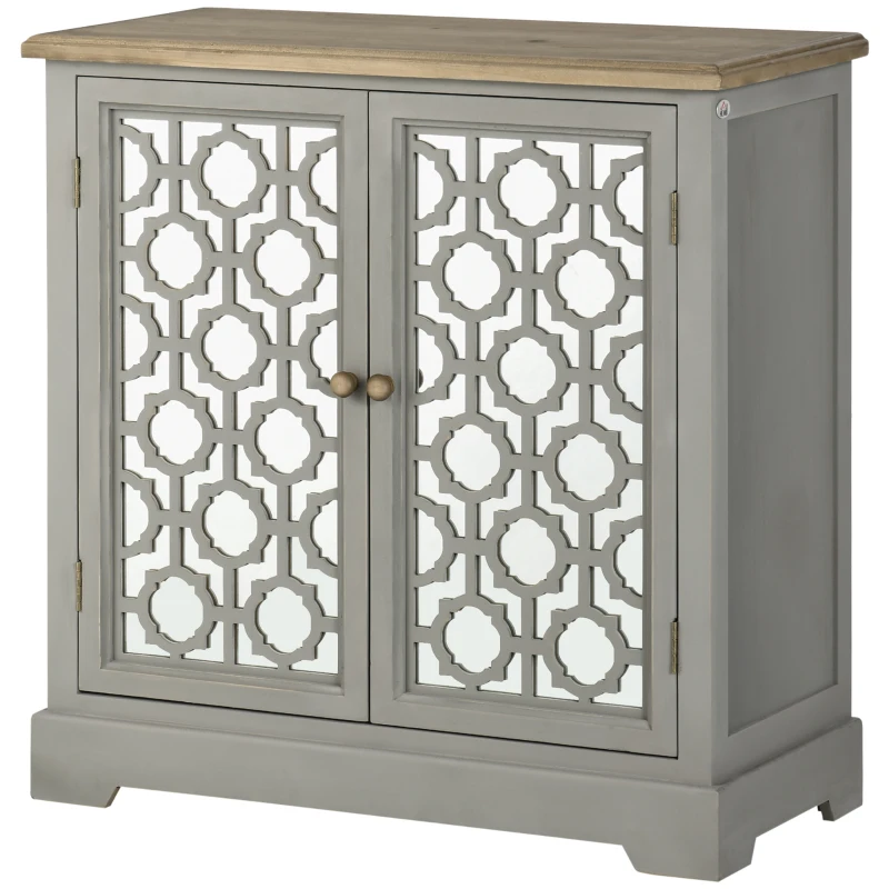 HOMCOM Farmhouse Sideboard Buffet Cabinet, Kitchen Storage Cabinet, Accent Cabinet with Double Glass Doors and Solid Wood Countertop for Kitchen, Living Room, Gray
