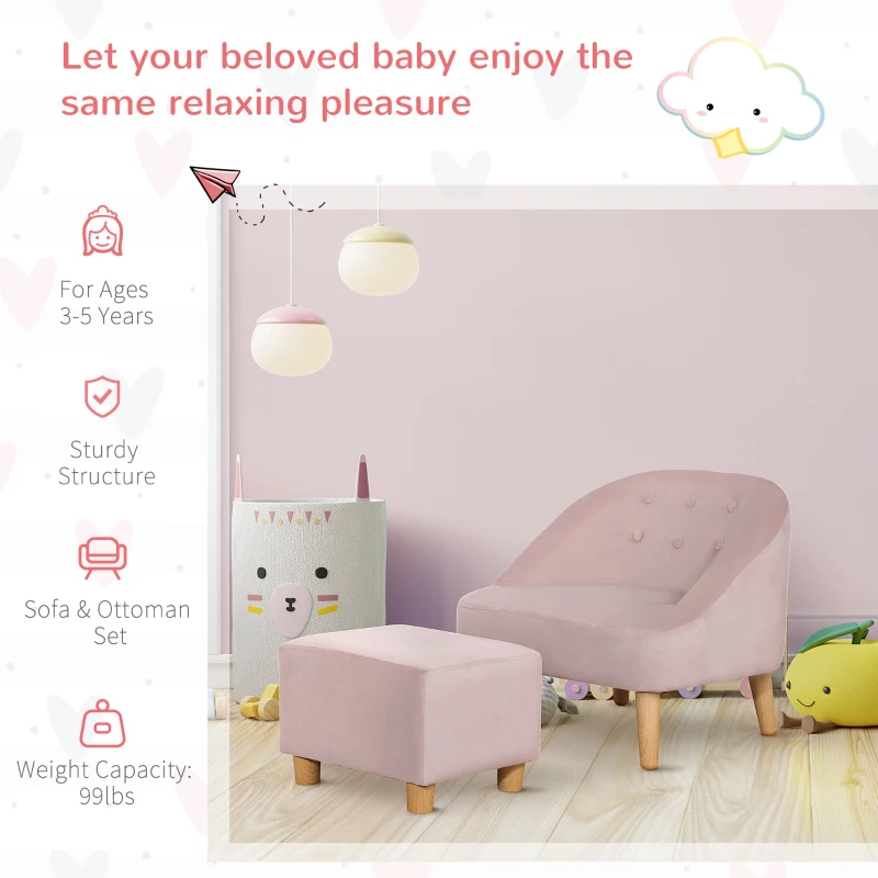 Qaba Kids Sofa Set, Toddler Chair, Sofa & Ottoman for Bedroom, Playroom, Children's Couch for 3-5 Years, Pink