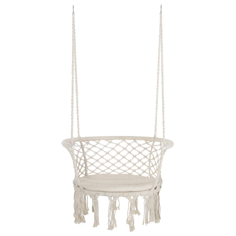 Outsunny Hanging Hammock Chair, Cotton Rope Porch Hammock Swing with Metal Frame and Cushion, Large Macrame Seat for Patio, Garden, Bedroom, Living Room,  Cream White