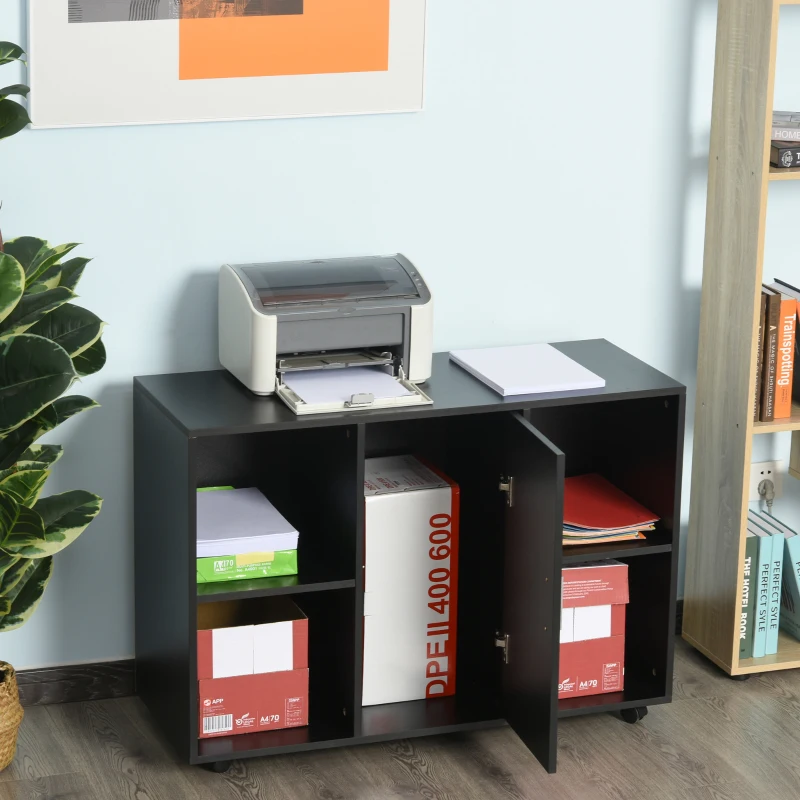 Vinsetto Mobile File Cabinet and Printer Stand for Home Office, Mobile Printer Table with 4 Open Storage Shelves, Door Cabinet, Wheels, Black