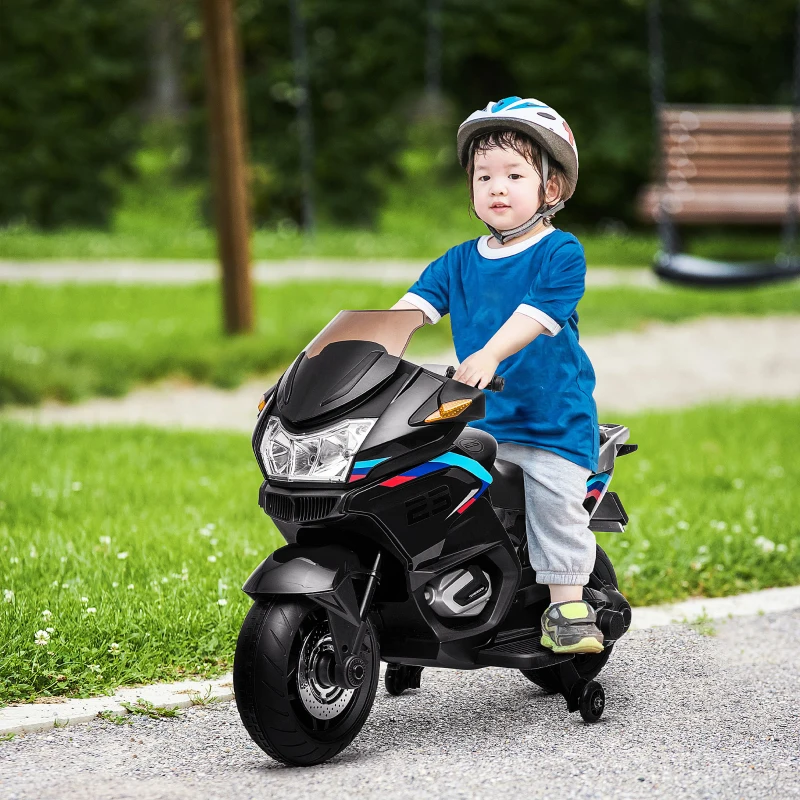 Aosom 12V Kids Electric Motorcycle with Training Wheels, Battery Power Ride on Motorbike, High-Traction at 3.7 Mph Top Speed, with Light Music, Black