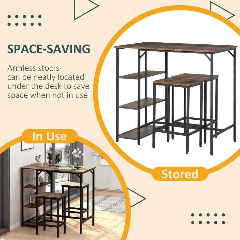 HOMCOM Industrial 3 Piece Dining Table Set, Counter Height Bar Table and Chairs Set, Kitchen Bistro Table Set with Storage Shelf and Stools, Rustic Brown