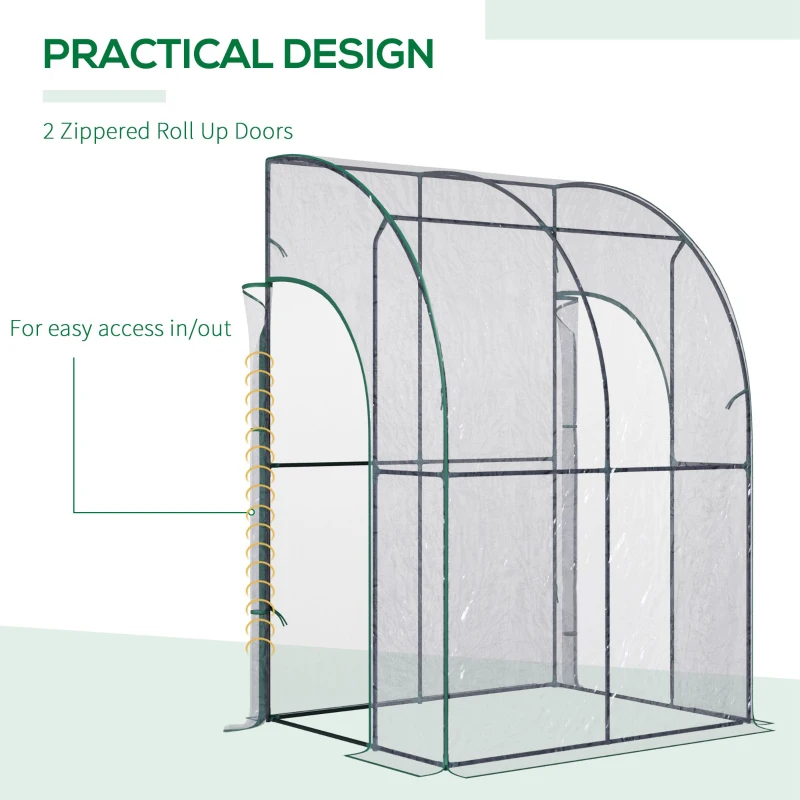 Outsunny 5' x 4' x 7' Lean-to Greenhouse, Walk-in Wall Mounted Hot House & Plant Nursery with 2 Zippered Roll Up Doors, Sloping PVC Cover, Green and Clear