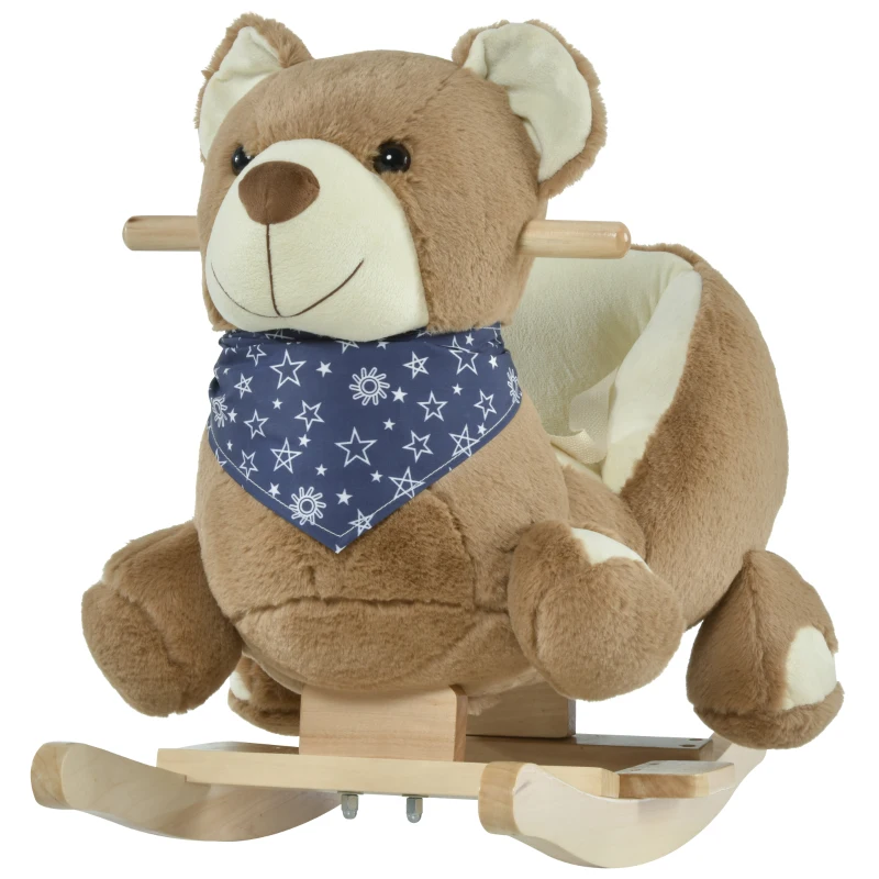 Qaba Baby Rocking Horse with Lullaby, Ride On Horse, Bear Themed Plush Animal Rocker with Pedals for Ages 18-36 Months, Easy to Assemble