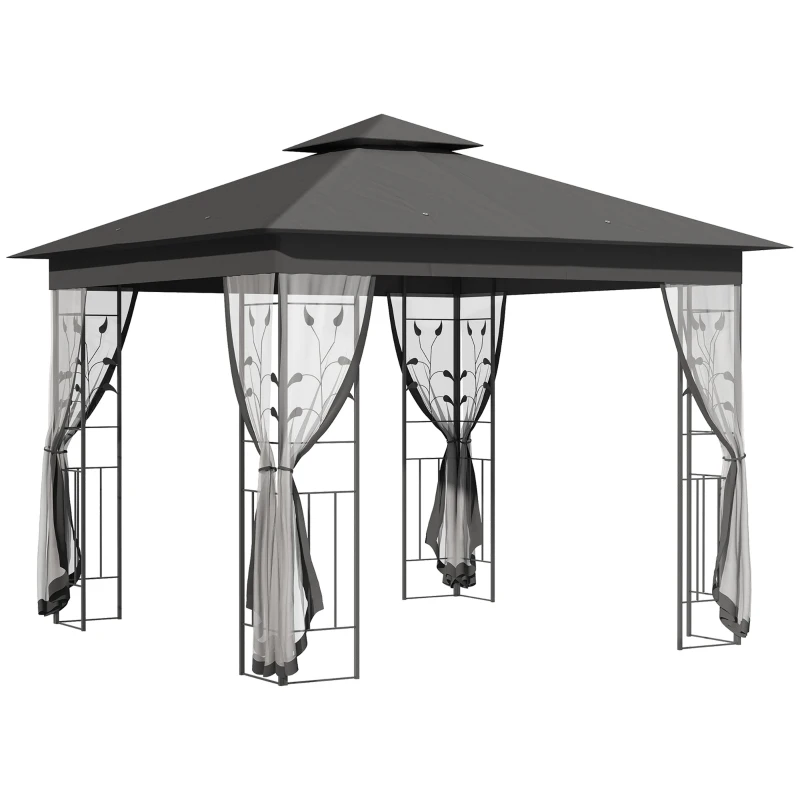 Outsunny 10'x10' Soft-top Steel Patio Gazebo Outdoor Sun Shelter with 2-Tier Polyester Roof, Curtain Sidewalls, Grey