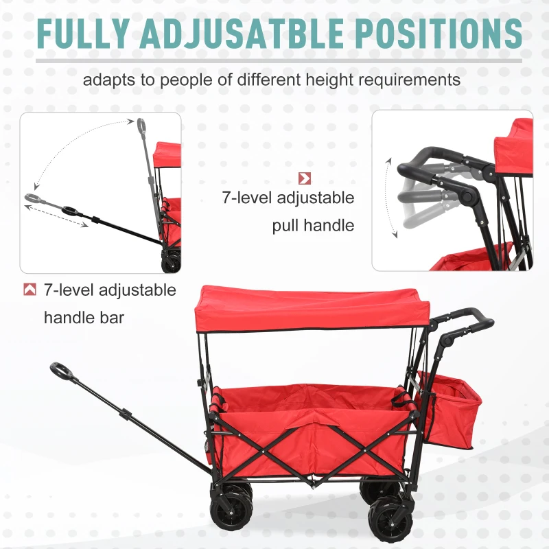 Outsunny Collapsible Folding Garden Utility Cart Wagon with Adjustable Push/Pull Handle, Canopy & All-Terrain Wheels, Red