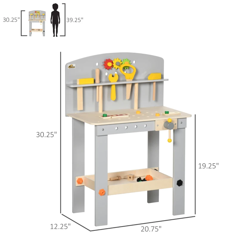 Qaba Wooden Kids Tool Bench with 31 Piece Kids Tool Kit, Workbench Playset, Construction Work Shop Toy for Girls and Boys Ages 3-6 with Storage Shelf