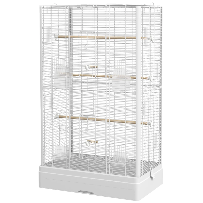 PawHut 39" Bird Cage for Budgie Finches Canaries Love Birds with Wooden Stands, Slide-Out Tray, Handles, Food Containers, White