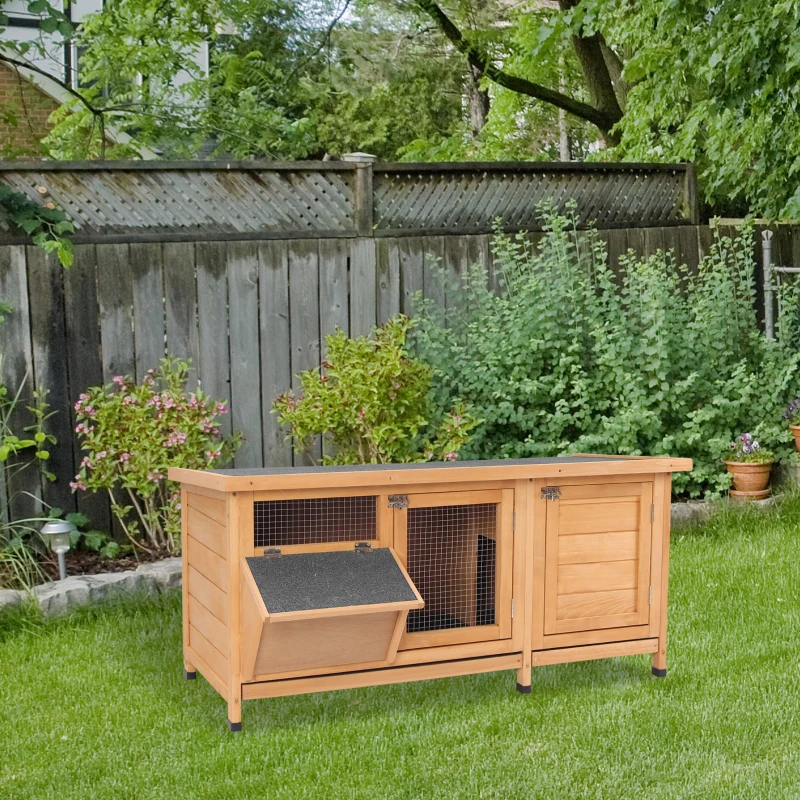 PawHut Wooden Rabbit Hutch Bunny Cage Guinea Pig House Outdoor with Sliding Out Tray, Openable Roof, Feeding Trough, Yellow