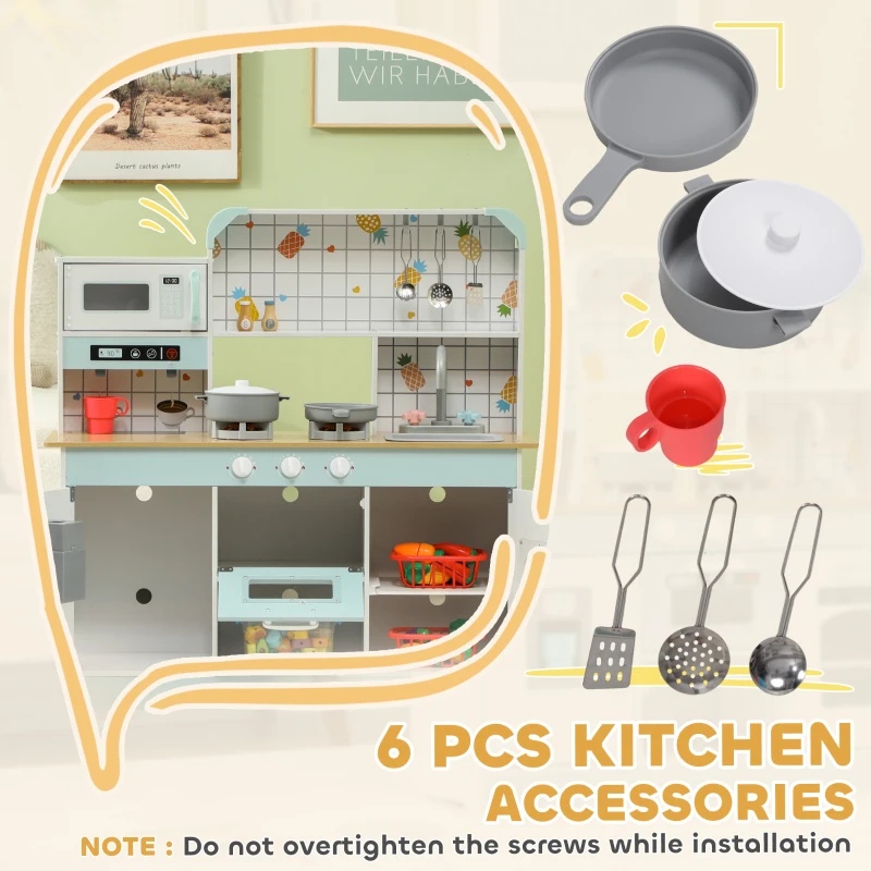 Qaba Play Kitchen, Kids Kitchen Playset with Coffee Machine, Ice Maker, Stove, Microwave, Oven, Sound & Lights