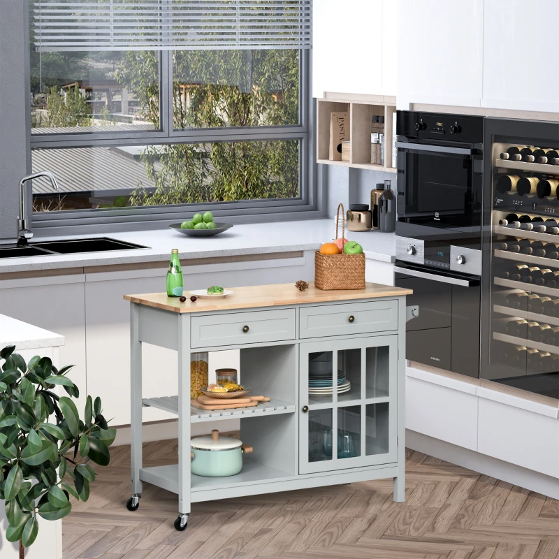 HOMCOM Rolling Kitchen Island with Storage, Kitchen Cart with Solid Wood Top, Glass Door Cabinet, Adjustable Shelf, Towel Rack, 2 Drawers for Dining Room, Gray