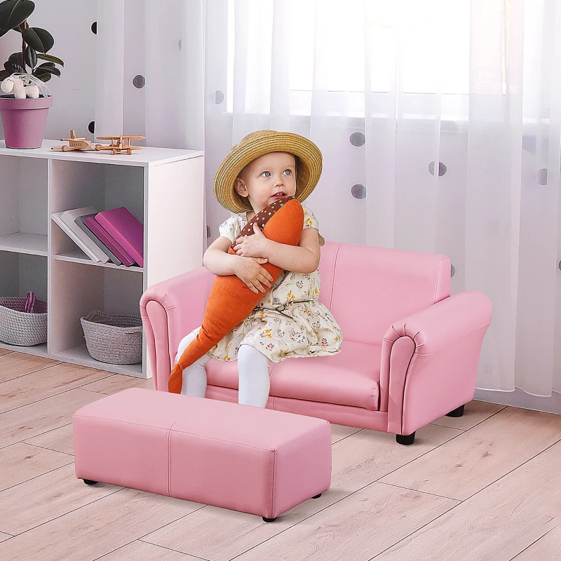 Qaba Kids Sofa Set with Footstool for Toddlers and Babies, Pink