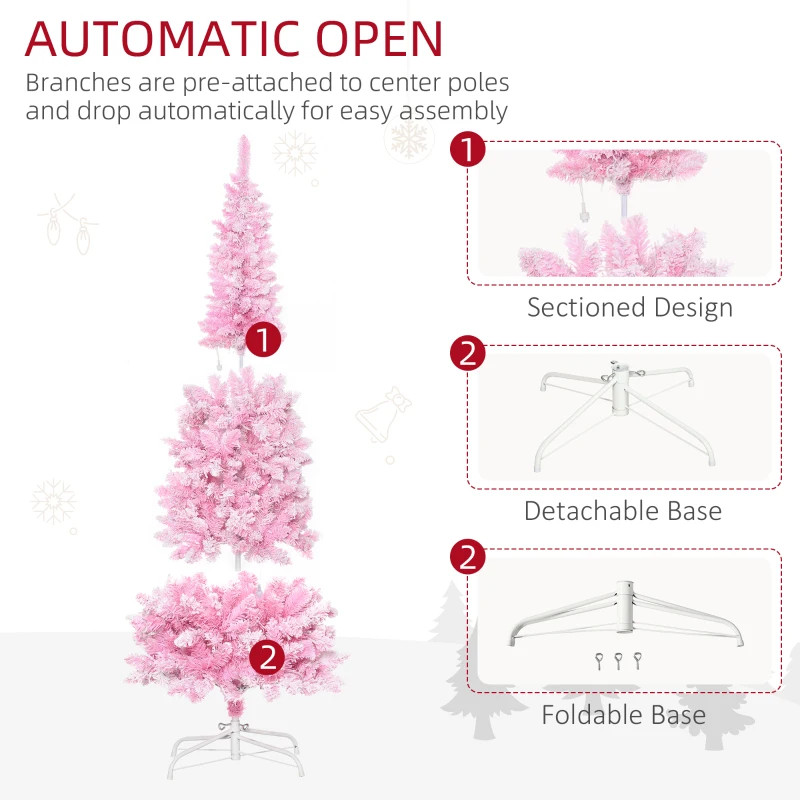 HOMCOM 6 Foot Prelit Snow Flocked Artificial Christmas Tree with Pencil Shape, 500 Pine Realistic Branches, Warm White LED lights, Auto Open, Pink and White