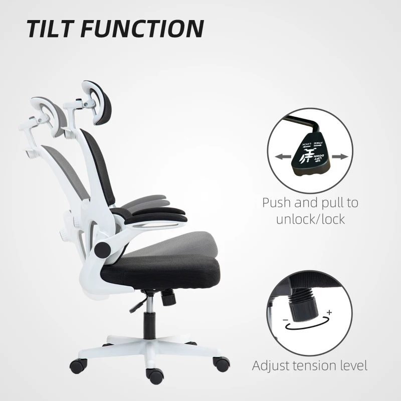 HOMCOM Mesh Office Chair, Ergonomic Desk Chair with Flip-up Armrest, Rotatable Headrest, Adjustable Lumbar Support, Black