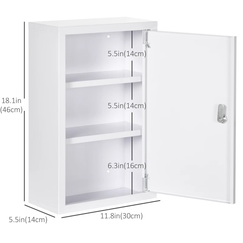 kleankin Lockable Medicine Cabinet, 3 Tier Steel Medical Wall Box with 2 Keys and Shelves for Bathroom, White