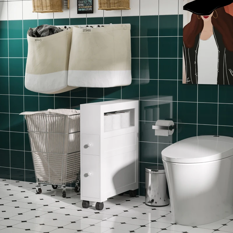 HOMCOM 6.25" x 20.5" x 28.25" Wood Rolling Narrow Bathroom Side Storage Cabinet - White