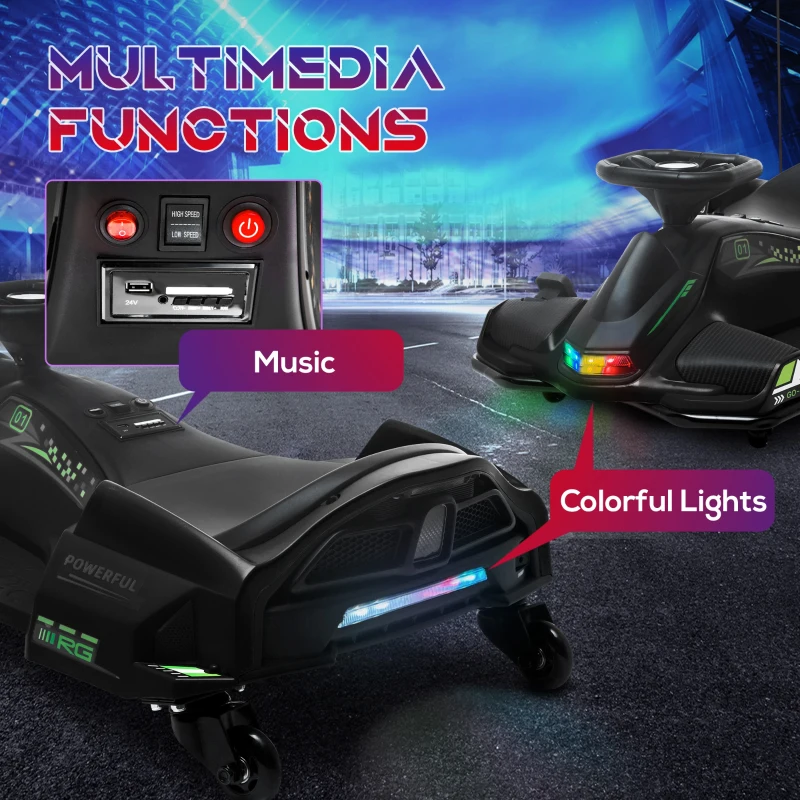 Aosom 12V Electric Drifting Go Kart w/ Slow Start, Music, Lights, Black