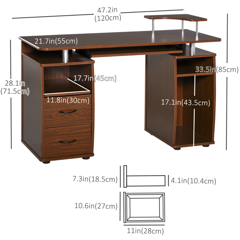 HOMCOM Computer Desk with Keyboard Tray, CPU Stand, Writing Desk with Drawers, Workstation for Home Office, Walnut Brown
