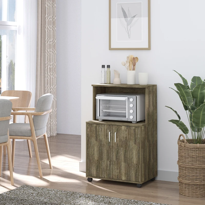 HOMCOM Microwave Cart on Wheels Utility Trolley Storage Sideboard Bookcase with 2-door Cabinet, Grey Wood Grain