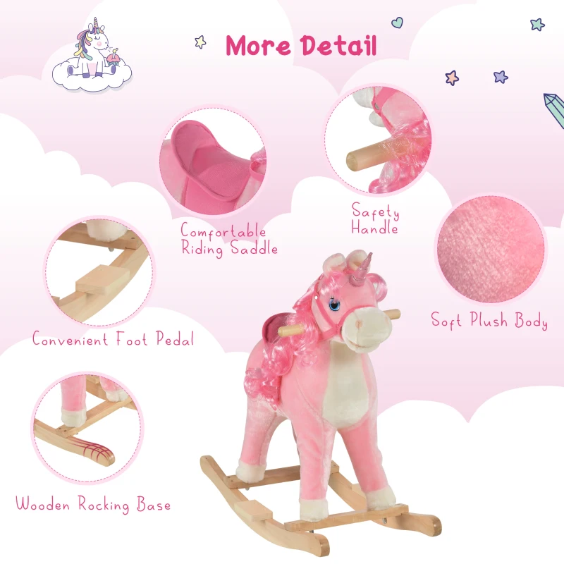 Qaba Kids Rocking Horse, Ride on Unicorn with Wooden Base, Tail Wag & Sounds for Toddlers 3-6 Years Old, Pink